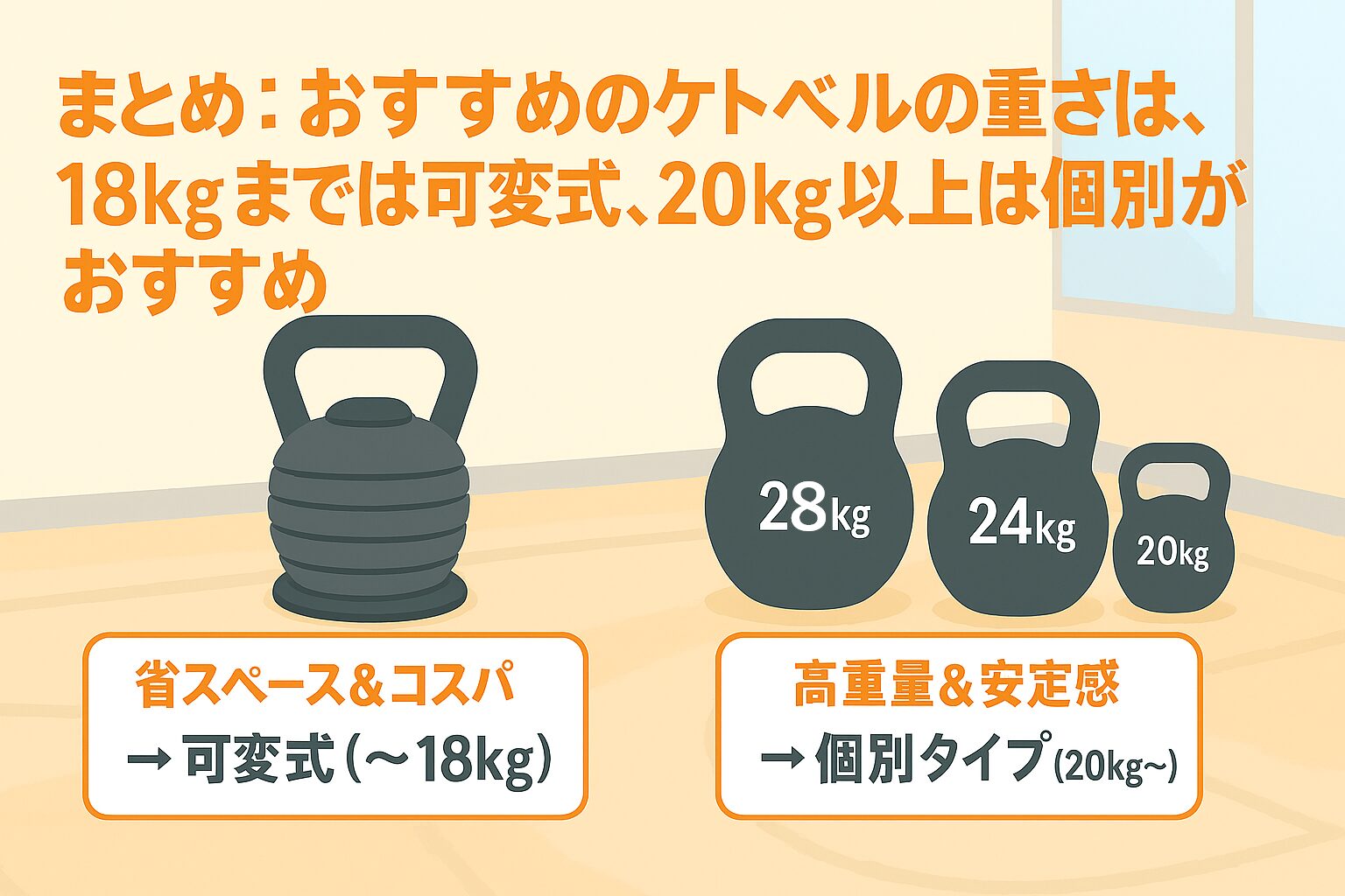まとめ:おすすめのケトルベルの重さは、18kgまでは可変式、20kg以上は個別に買うのがおすすめ